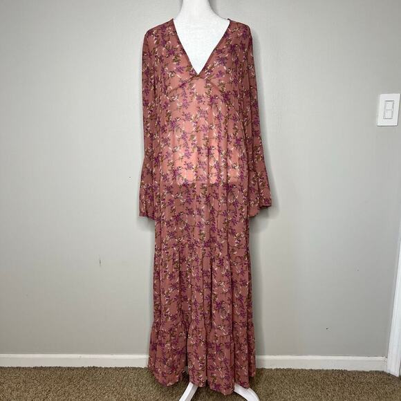 NATURAL LIFE Dresses & Skirts - Natural Life Long Sleeve V-Neck Maxi Dress Bell Sleeve Floral Sz S Boho Cottage